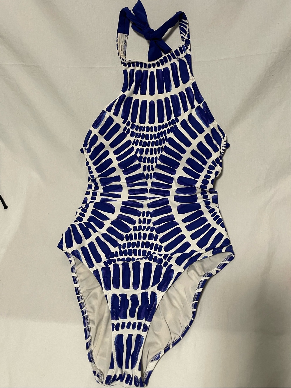 Trina Turk “Algiers” Blue and White Geometric Halter One-Piece Swimsuit, Sz 8